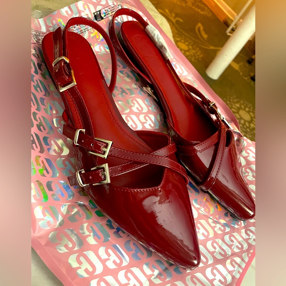Deep Red Women’s Buckled Pointy- toe Flats